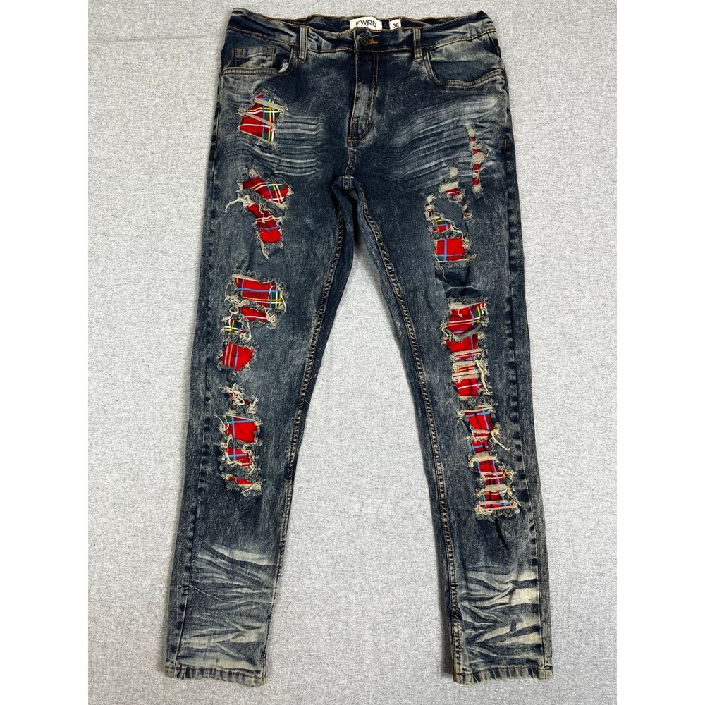 FWRD Denim Distressed‎ Jeans Mens 36x32 Blue Red Plaid Patch Acid Wash Slim